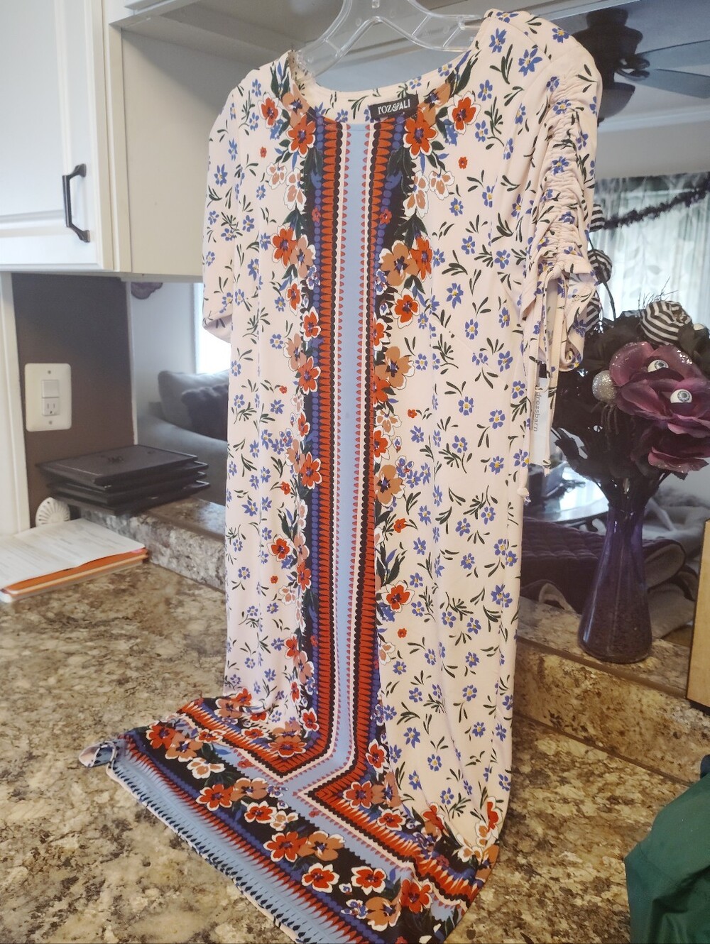 p Xs nWT Dress Barn Cream Floral Midi Dress with Red & Blue Trim